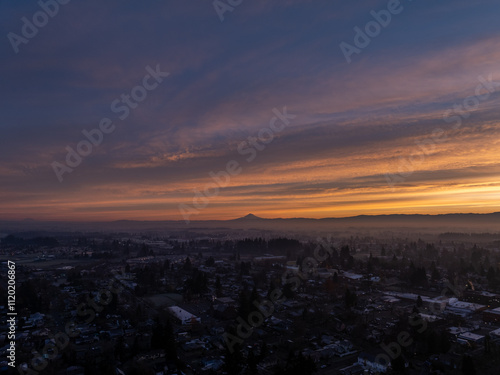 Stunning Sunrise looking at Mt Hood in Woodburn Oregon, Pacific Northwest	 photo