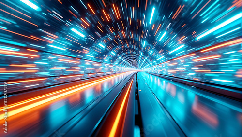 A digital transformation roadmap with key milestones and objectives  futuristic digital tunnel  vibrant neon colors  data stream  dynamic movement