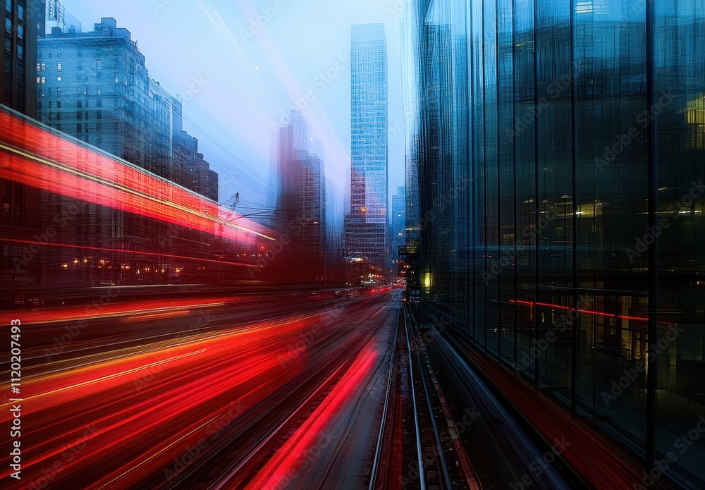 Fototapeta premium Urban Cityscape at Dusk with Motion Blur from Traffic Lights, Skyscrapers Illuminated in Evening Glow, Capturing the Essence of Modern City Life
