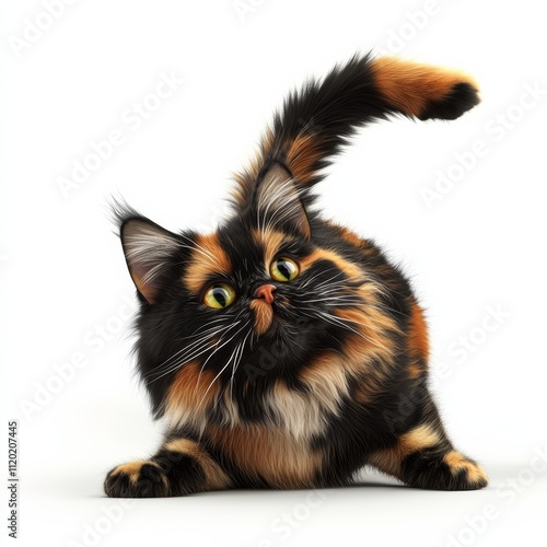 3D rendered icon of an American Longhair cat, stretching with a happy expression, fur in hues of black and orange, isolated on white photo