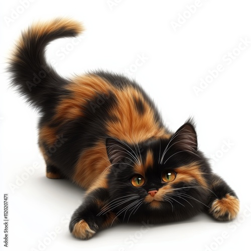 3D rendered icon of an American Longhair cat, stretching with a happy expression, fur in hues of black and orange, isolated on white photo