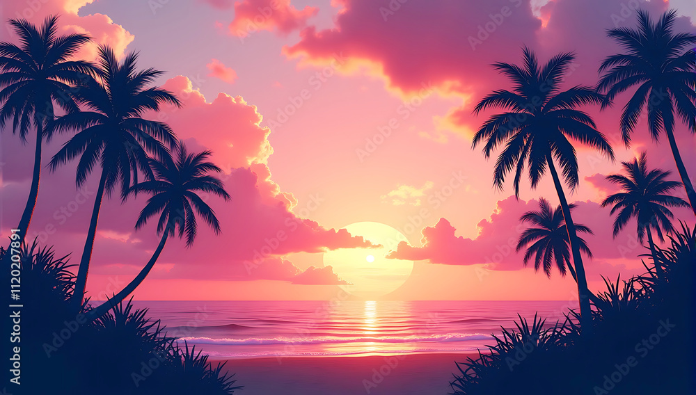 A vibrant pink and orange sunset sky with the silhouette of an isolated palm tree, tropical paradise, dreamy and serene atmosphere, vivid colors A vibrant pink and orange sunset sky with the silhouette of an isolated palm tree, tropical paradise, dreamy and serene atmosphere, vivid colors