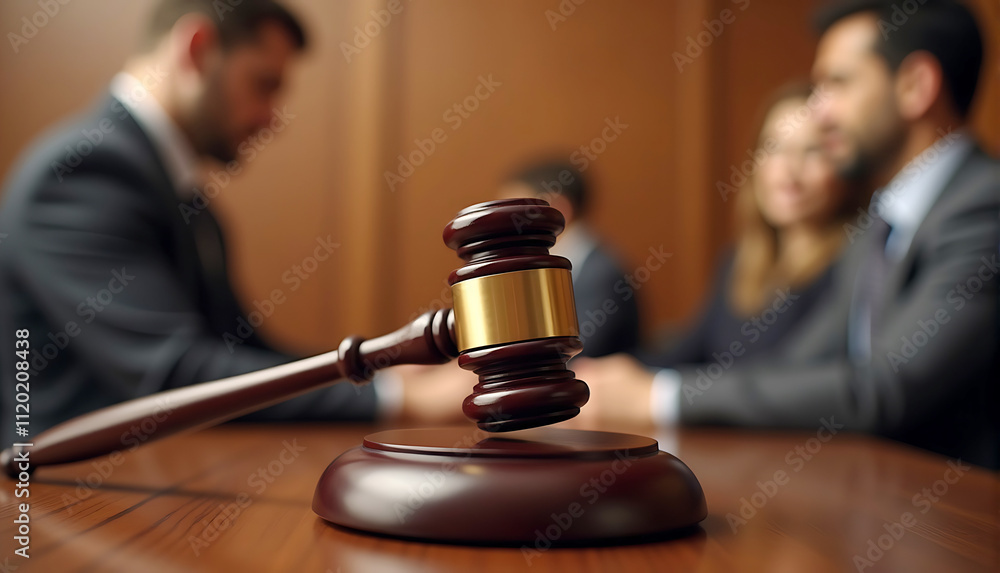 Close up of a legal judges hammer with Courtroom scene, judge's gavel in foreground, wooden bench, blurred figures in background Close up of a legal judges hammer with Courtroom scene, judge's gavel in foreground, wooden bench, blurred figures in background