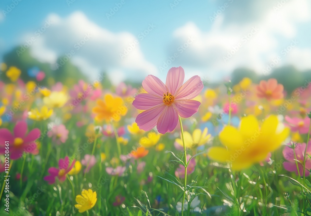Vibrant Meadow Filled with Colorful Flowers Under a Bright Sky with Fluffy Clouds and Soft Sunlight Bringing Joy and Serenity to Nature Lovers Vibrant Meadow Filled with Colorful Flowers Under a Bright Sky with Fluffy Clouds and Soft Sunlight Bringing Joy and Serenity to Nature Lovers