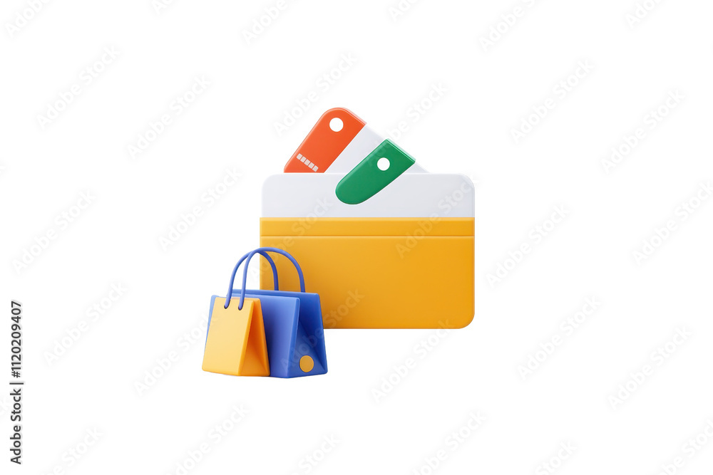 A colorful wallet with icons representing cards and shopping bags. A colorful wallet with icons representing cards and shopping bags.