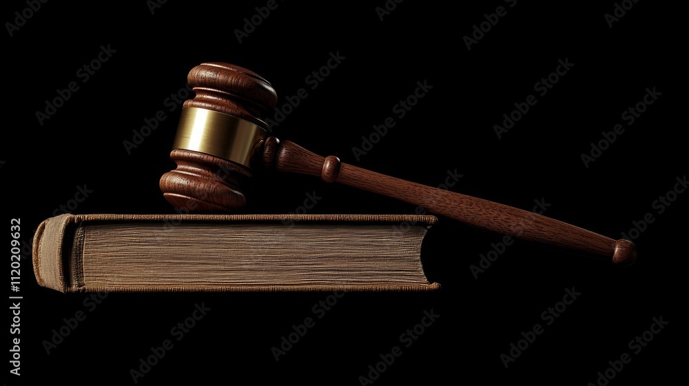 Wooden gavel resting on a thick legal book, isolated on black background. Wooden gavel resting on a thick legal book, isolated on black background.