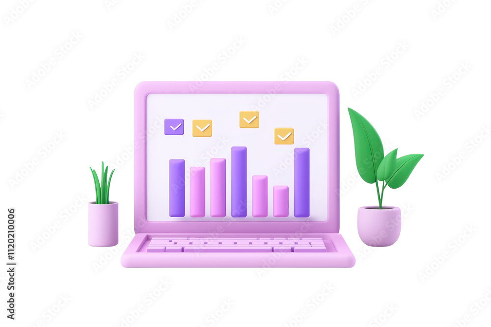 A modern laptop displaying colorful bar graphs and icons, accompanied by two potted plants. A modern laptop displaying colorful bar graphs and icons, accompanied by two potted plants.