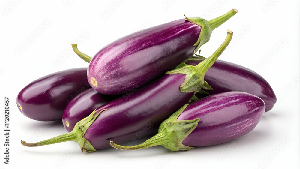 Cluster of fresh, glossy purple eggplants with green stems, isolated on a clean white background Cluster of fresh, glossy purple eggplants with green stems, isolated on a clean white background