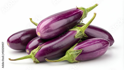 Wallpaper Mural Cluster of fresh, glossy purple eggplants with green stems, isolated on a clean white background Torontodigital.ca