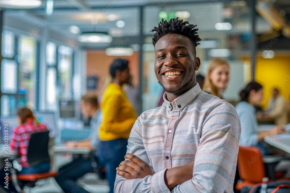 Fototapeta premium A smiling man standing in an office with his arms crossed
