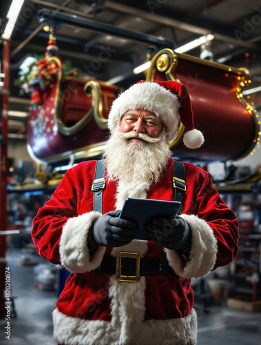 Santa Claus in Auto Shop Planning Christmas Route with Tablet and Sleigh