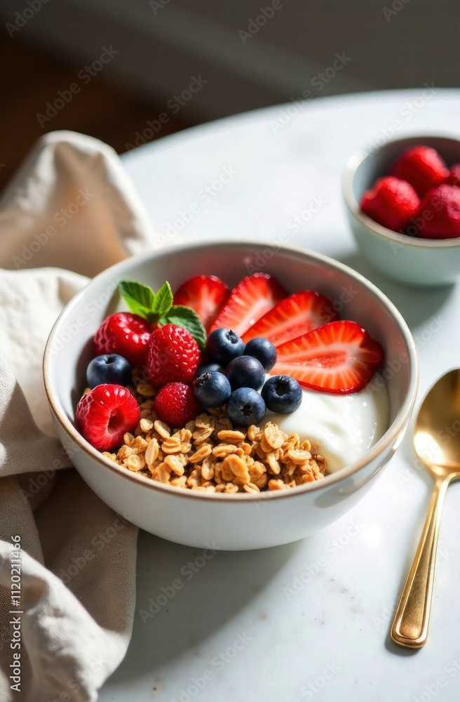 A delicious breakfast bowl featuring yogurt, strawberries, blueberries, raspberries, and crunchy granola at home A delicious breakfast bowl featuring yogurt, strawberries, blueberries, raspberries, and crunchy granola at home