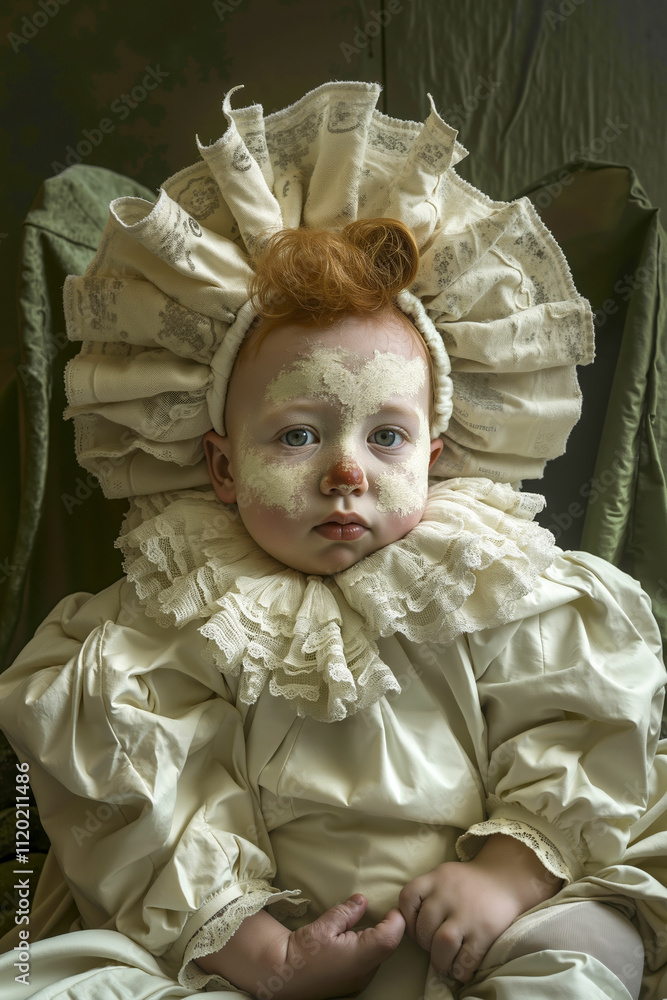 Fototapeta premium A baby dressed as a clown sitting on a chair