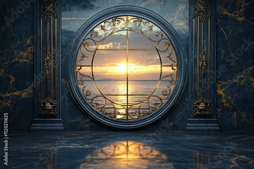 luxury circle window with metal fence carvings in a elegant dark blue and gold marble wall with a beautiful view sea sunset 
