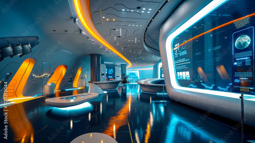 A futuristic space station with a lot of lights on the ceiling A futuristic space station with a lot of lights on the ceiling