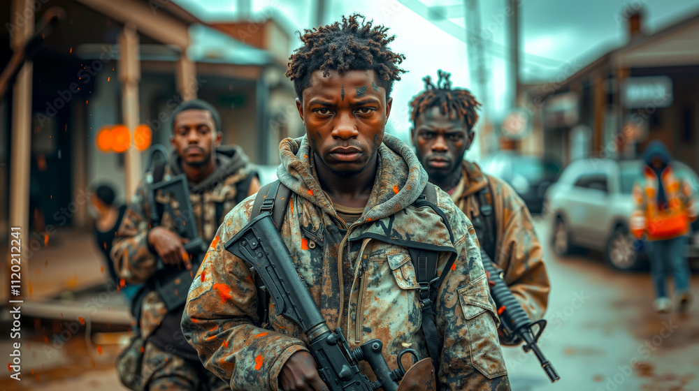 A group of men in camouflage walking down a street A group of men in camouflage walking down a street