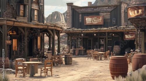 A rustic Western town scene featuring wooden buildings, barrels, and empty outdoor seating, evoking a historic frontier atmosphere.
