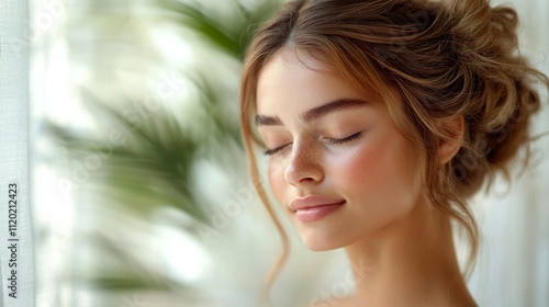 A young woman with a peaceful expression closes her eyes as she enjoys a moment of relaxation. She is situated indoors, with light filtering through sheer curtains, surrounded by soft greenery.