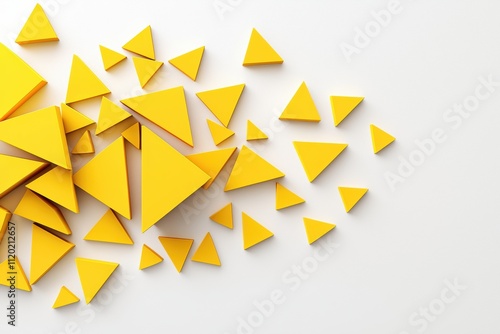 A vibrant arrangement of yellow geometric triangles scattered on a white background, creating a playful and modern visual effect.