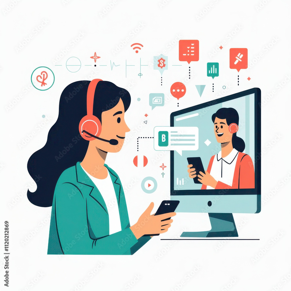 A friendly Customer Support Representative wearing a headset, assisting a client in a call center environment A friendly Customer Support Representative wearing a headset, assisting a client in a call center environment