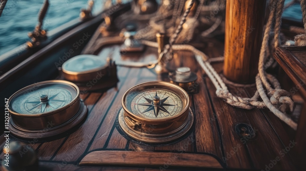 Fototapeta premium Nautical Compass Instruments on Wooden Sailboat Deck at Sunset