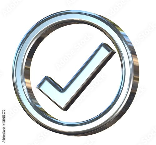 Silver tick icon symbol, checkmark, checked icon or correct choice sign, check mark 3d render.