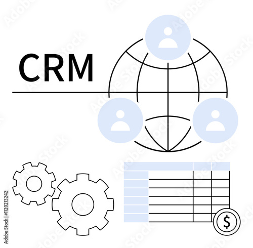 CRM with globe and user icons, gears, and financial spreadsheet elements. Ideal for business management, customer service, sales tracking, financial planning, workflow optimization, team