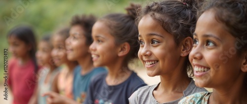A group of lively children, smiling and participating in an activity. 
