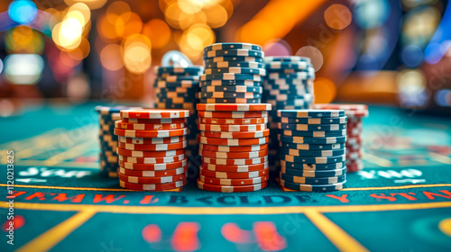 A stack of poker chips sitting on top of a craps table