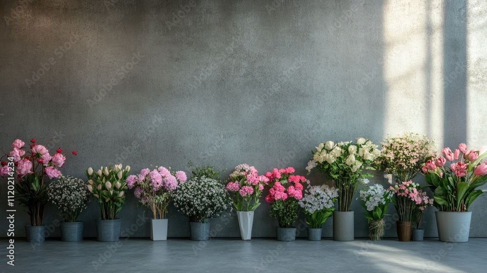 Fototapeta premium Various colorful potted flowers arranged in row against gray wall