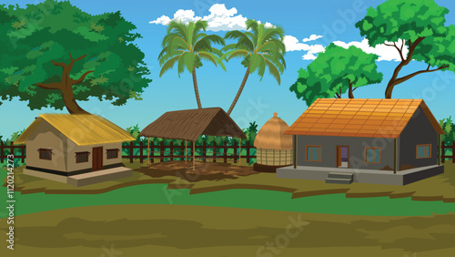 Rural Village house yard.Indian Village Background Illustration.Indian village house
