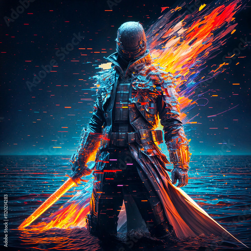 warrior glitch war gaming player sword water