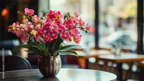 Vibrant pink orchids in vase on table cozy cafe with blurred background