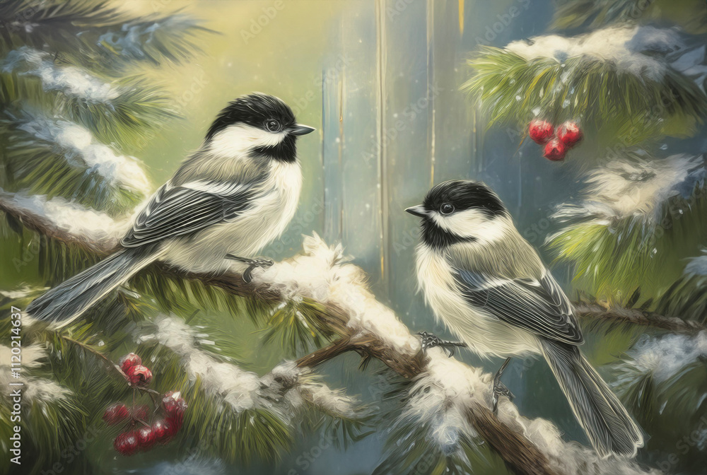 Obraz premium Two Chickadee Winter Art