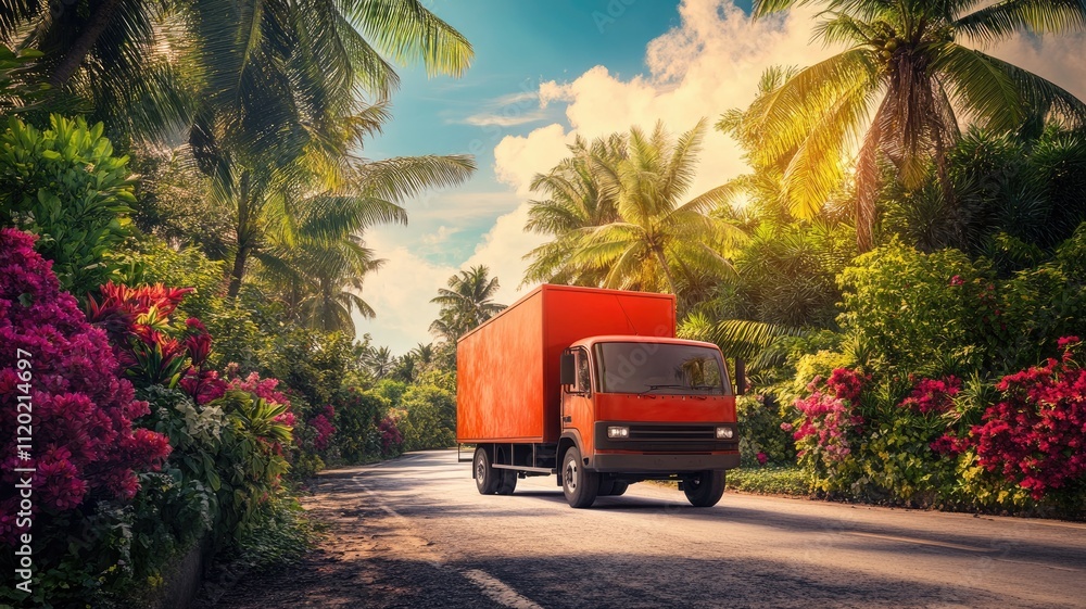 Obraz premium Bright orange delivery truck on tropical, palm-lined road