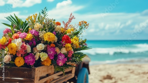 Wallpaper Mural Vibrant flowers in wooden cart on sunny beach Torontodigital.ca