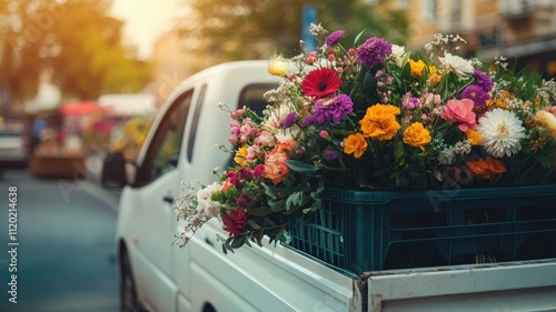 White pickup truck with colorful flowers in back