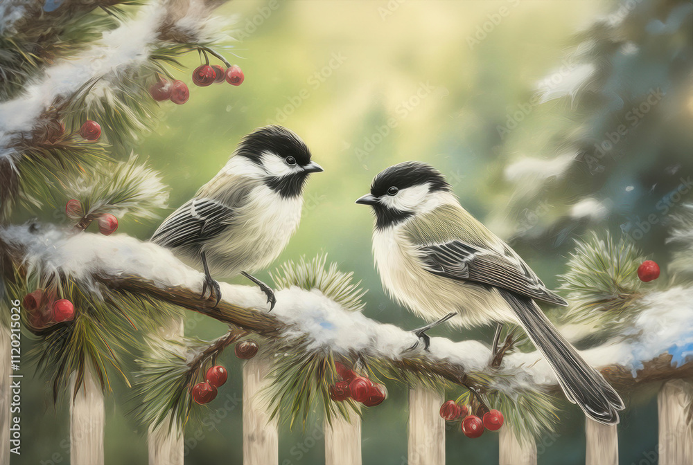 Obraz premium Two Chickadees on a Winters Day