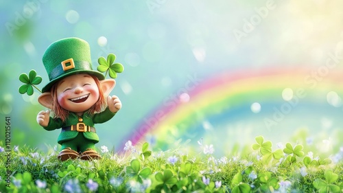 Cheerful leprechaun with clovers and rainbow background, celebrating joyfully on sunny day