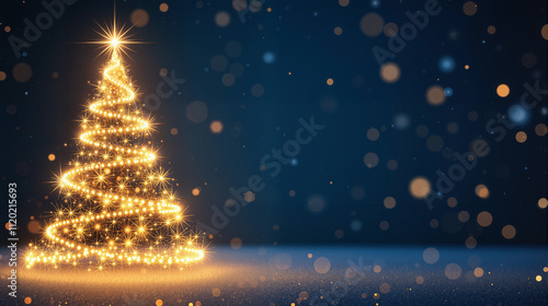 Glowing Christmas Tree with Golden Lights and Sparkling Blue Background