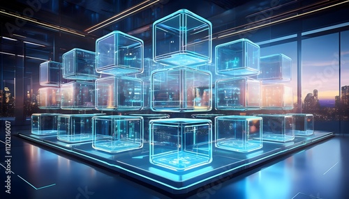 Futuristic Cityscape with Neon Glass Cubes in Modern Architecture Design