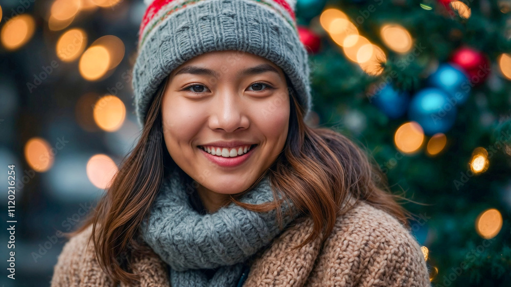 Smiling Woman in Cozy Sweater with Christmas Tree Lights in the Background Smiling Woman in Cozy Sweater with Christmas Tree Lights in the Background