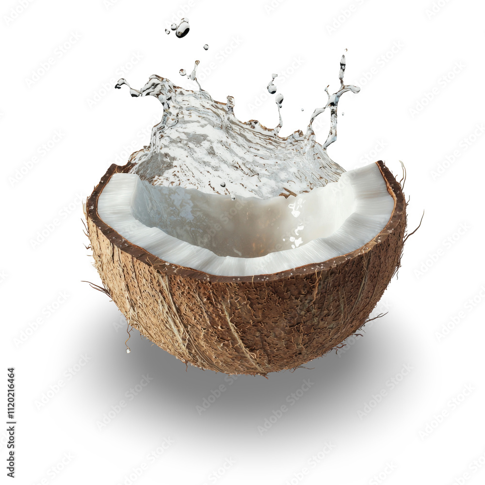 Refreshing Coconut Water Splashing from a Half Coconut Shell on a Clean Background Refreshing Coconut Water Splashing from a Half Coconut Shell on a Clean Background