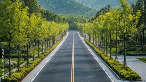 Serene Tree-Lined Road in a Lush Green Landscape Under Clear Sky