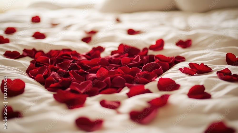 Heart-Shaped Arrangement of Red Rose Petals on Soft Bedding Heart-Shaped Arrangement of Red Rose Petals on Soft Bedding