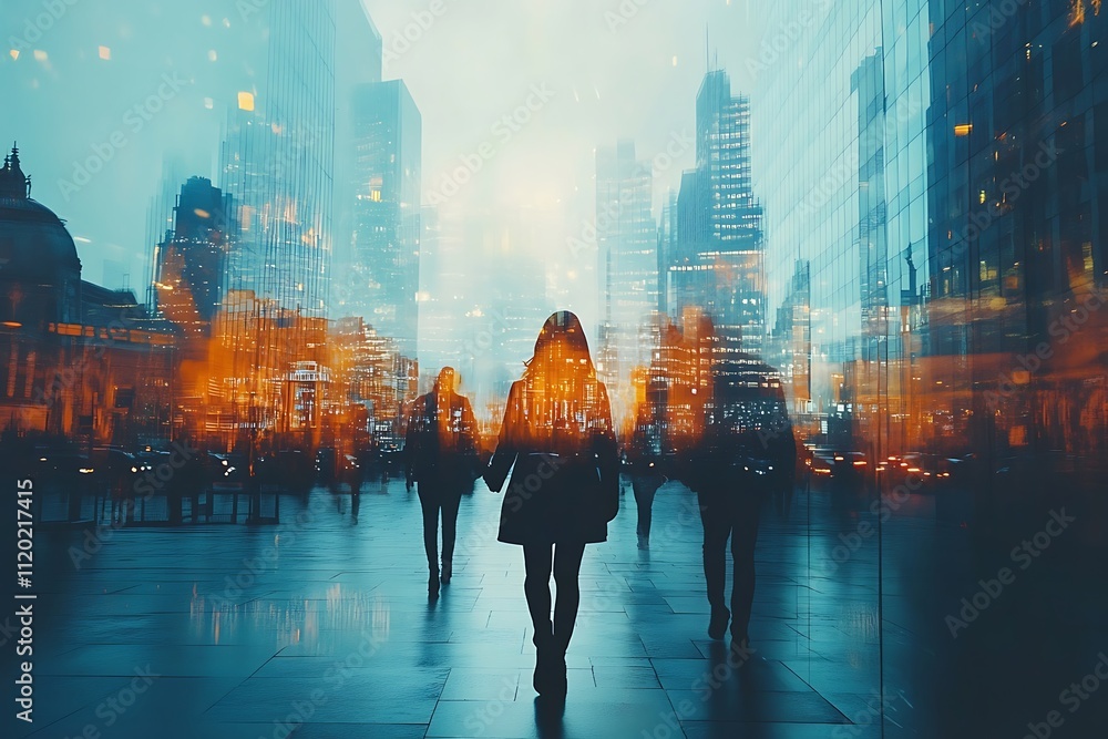 Obraz premium Serene Urban Commute Orange Glow Double Exposure