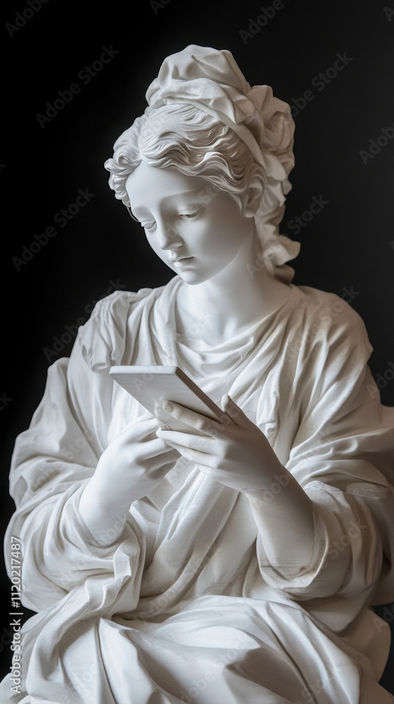 A classical marble statue of a woman holding a smartphone, blending traditional art with modern technology on a dark background A classical marble statue of a woman holding a smartphone, blending traditional art with modern technology on a dark background