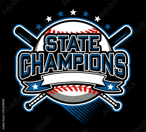 state champions in baseball team design with ball and banner for school, college or league sports