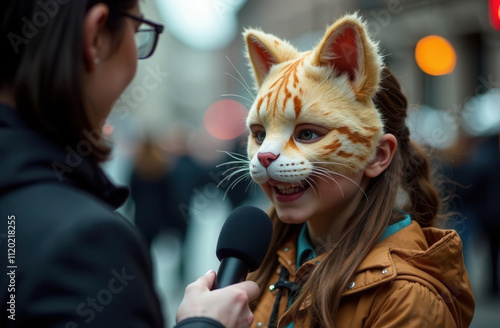 A quadrober girl in a cat mask gives an interview to a reporter on the street. A girl in a cat costume speaks into a microphone. A girl in a masquerade cat mask. photo