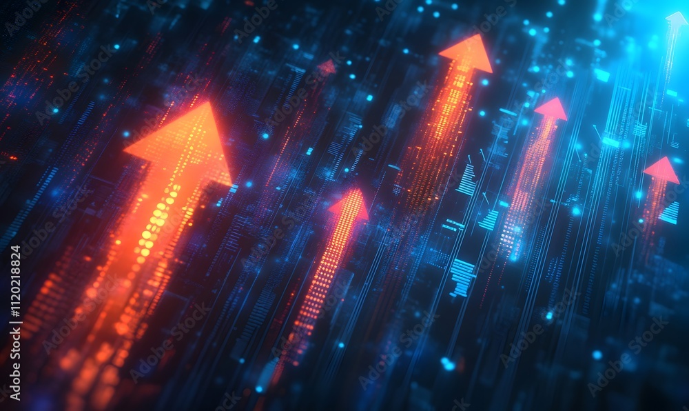Obraz premium A blue background with arrows pointing upwards, representing stock market growth or business success in the financial industry graph show upward trends, symbolizing positive progress,